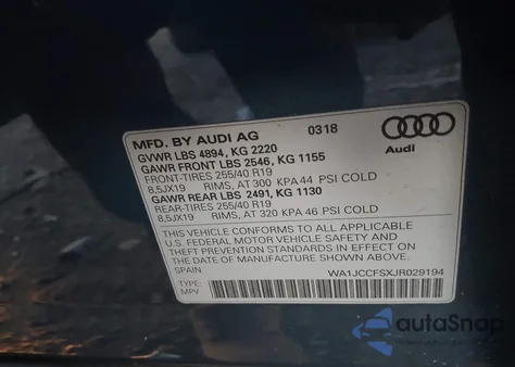 2018 Audi Q3 2.0T Premium/2.0T Sport Premium z USA, uszkodzony, nr VIN WA1JCCFSXJR029194